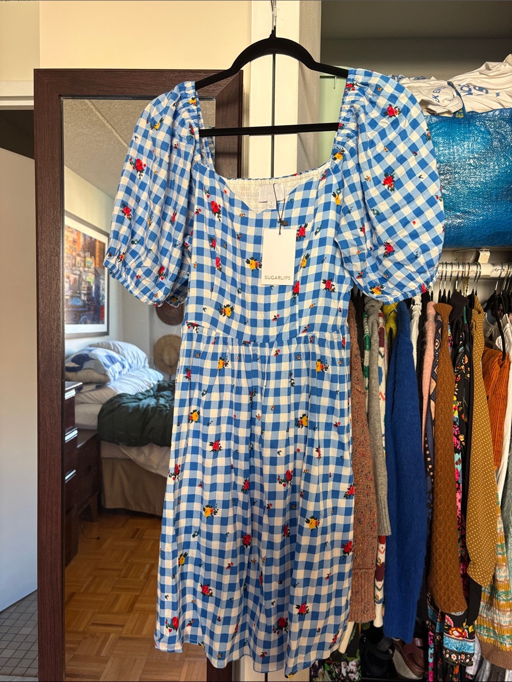 Sugarlips Blue Gingham Dress with Red & Yellow Floral Accents